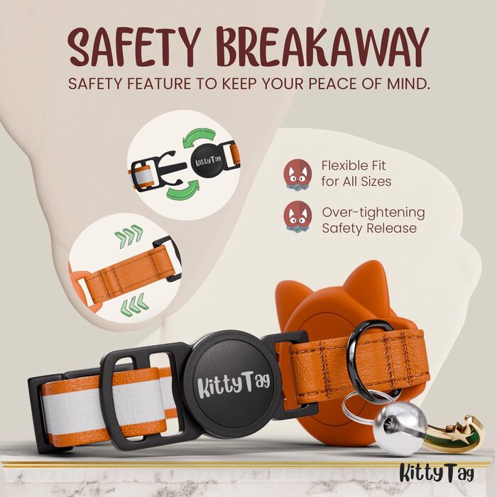 Нашийник для котів KittyTag з аксесуарами, сумісний з Apple Airtag, світловідбиваючий та світосвітлий, GPS, з захистом від задушення, регульований, оранжевий (Airtag не входить до комплекту)