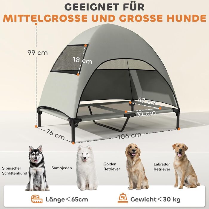 Лежанка для собак PawHut Outdoor з дахом, підняте ліжко для середніх собак, прохолодне місце для тварин з миючим каркасом з сітки та сталі, переносна сумка, ліжко для собак на вулицю, кемпінг, 76x61x71cm, (L 106 x B 76 x H 99 cm, світло-сірий)
