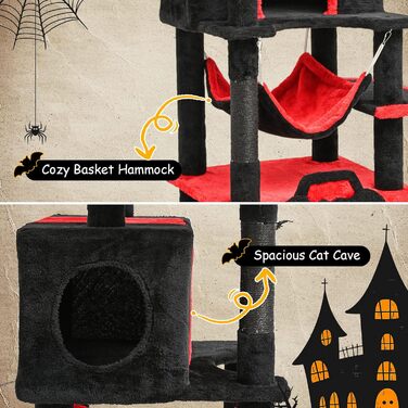 Драматичний котячий комплекс BYBYME в готичному стилі для Хелловін, 158 см, стабільний набір меблів для котів з ліжком, будиночком, гамаком, стовпчиками з сизалю, багатофункціональна котяча ігрова вежа (Чорний/Червоний)
