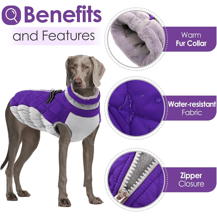 Тепла зимова куртка для собак AOFITEE з світловідбиваючим флісом, з нашийником та блискавкою, водонепроникний зимовий костюм для собак великих порід (XS, фіолетовий)