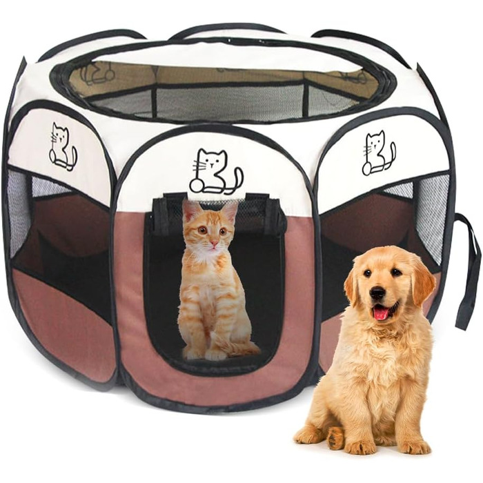 Клітка-вольєр для цуценят та тварин, 74x74x43 см, для собак, котів, кроликів та дрібних тварин, для використання в приміщенні та на вулиці (колір коричневий, восьмикутна)