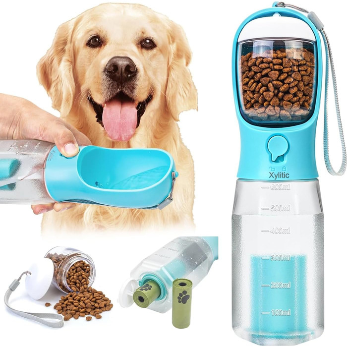 Водяна пляшка для собак Xylitic 3-в-1 з контейнером для корму та пакетиками для відходів, 590 мл, блакитна