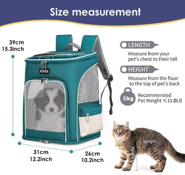 Рюкзак для собак та котів PETCUTE, дихаючий, з висувною підстилкою, прозоре вікно, складаний, з безпечним шнуром, для подорожей, Malachitgrün+Weiß