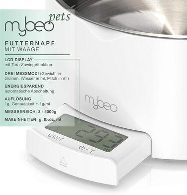 Миска для корму та води з нержавіючої сталі з вбудованими терезами для собак та котів - до 5 кг, знімний об'єм 1000 мл, функція тарування, LCD дисплей, для Барфа, миска для годування