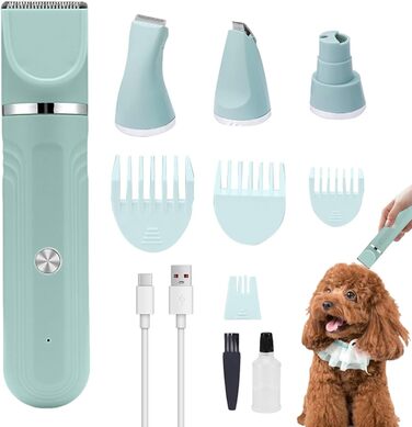 Триммер для собак - набір для догляду за шерстю 4-в-1, акумуляторний, регульовані ножиці для цуценят, зелений