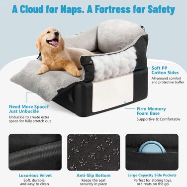 Автокрісло для собак EASTBLUE Medium, чорний/сірий, для собак до 15.9 кг, з пам'яті піною, безпечним ременем та 2 подушками