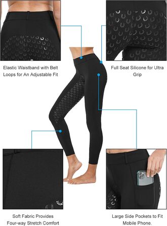 Легінси для верхової їзди жіночі FitsT4 Sports з силіконовим покриттям, кишенею для телефону та петлями для ременя, чорні, XL
