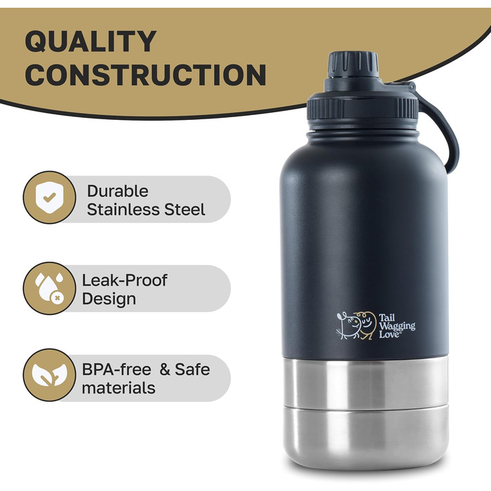 Водяна пляшка для собак Tail Wagging 3-в-1 з двома мисками, 907.2 г, нержавіюча сталь, ізольована, для подорожей