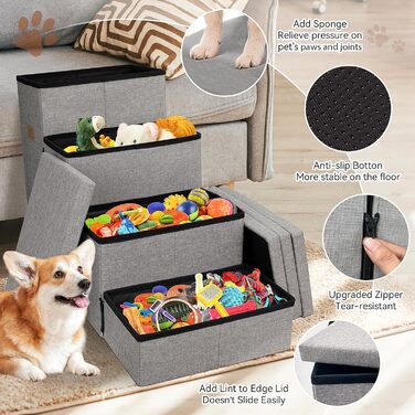 Сходинки для собак, 58,4 см, 4 сходинки, широкі, для високих ліжок/вікон, складані, сірі. Підходить для маленьких, середніх та великих собак та котів. Розміри: 109,2 x 43,2 x 58,2 см