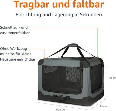 Переноска Amazon Basics 4-дверна м'яка складна для котів, собак та інших дрібних тварин, сіра, 91x61x61 см
