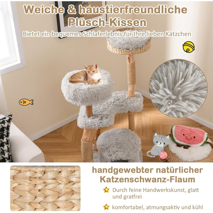 Дерев'яний кігтеточка для котів COSTWAY 124 см з будиночком, м'яким сидінням та платформою, кігтеточний стовпчик з джуту, кігтеточка-вежа для котів, масивне дерево, сірий колір, 3 стовпчики