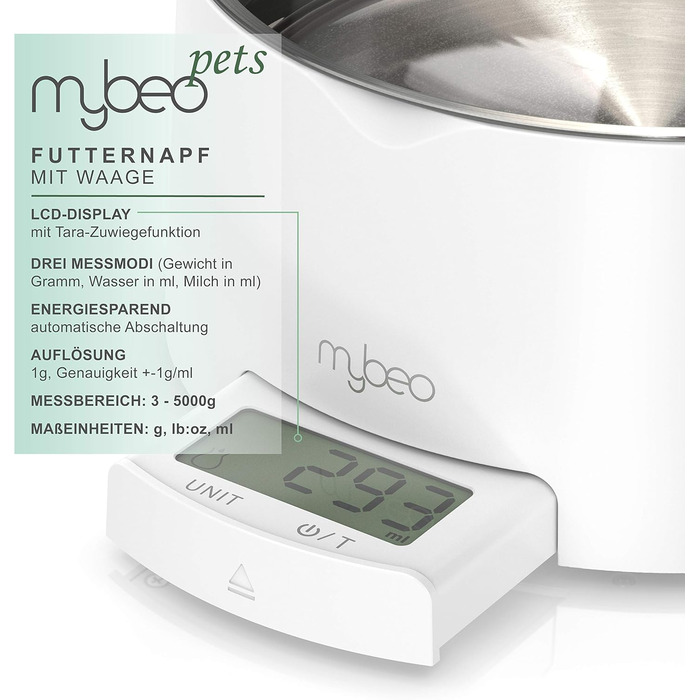 Миска для корму та води з нержавіючої сталі з вбудованими терезами для собак та котів - до 5 кг, знімний об'єм 1000 мл, функція тарування, LCD дисплей, для Барфа, миска для годування