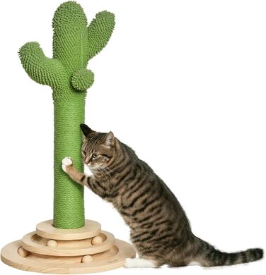 Котячий будиночок PawHut Kaktus - когтеточка-стовпчик з сизалю та деревини, з іграшками для котів, 60 см, зелений+натуральний колір