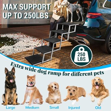 Східці для собак у машину: розкладні, для великих собак (до 113 кг), захист суглобів, металеві та тканинні, 6 сходинок, антиковзаючі, срібні