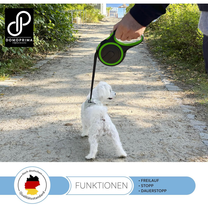 Рулетка для собак DOMOPRIMA, 3 розміри (S, M, L), 4 кольори (сірий, блакитний, зелений, рожевий) - Міцна та безпечна рулетка з відбиваючим ремінцем. Зелена, L
