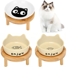 Миски для котів підняті, широкі миски з кераміки на підставці з бамбука для домашніх тварин, миски для корму або води, зручні для вусів, для маленьких собак та кошенят в приміщенні (білі (2 шт.)), (жовті (3 шт.))