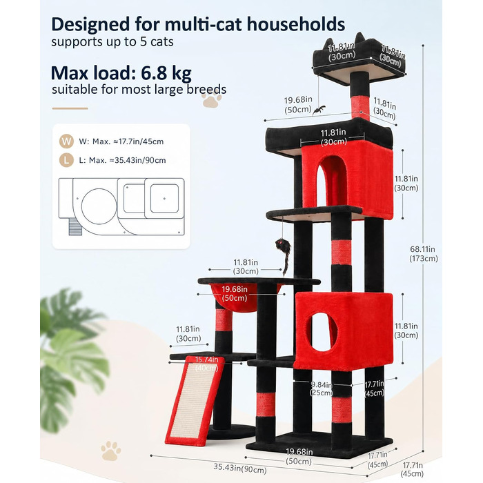 Комплекс для котів Kratzbaum XL 173 см: Дряпка-стовпчик з печерами, платформами, кошиком та іграшками (PMT02DG, Чорний+Червоний)