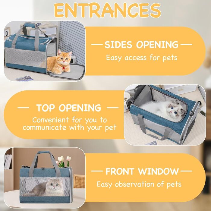 Транспортна переноска для кота KunpengZen, переноска для собаки, складана, з регульованим плечовим ременем, знімним плюшевим матрацом, для котів до 7.5 кг, для подорожей, авто, до ветеринара, блакитна
