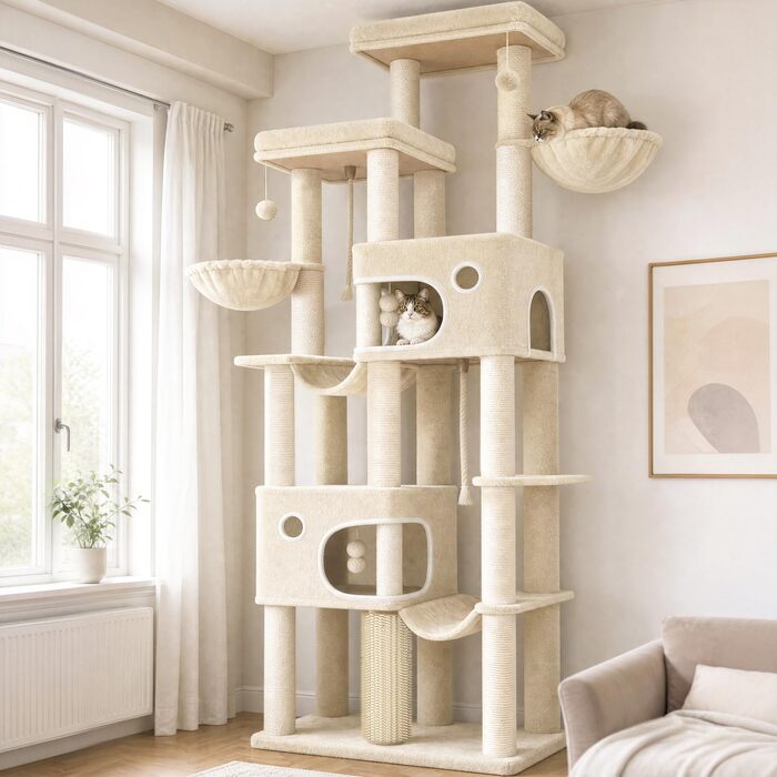 Комплекс для котів Hzuaneri Kratzbaum XXL 213 см: Дряпка-стовпчик, 2 платформи, 2 печери, 2 гамаки, кошик, щітка, помпони, для мейн-кунів, бежевий MS21418YL