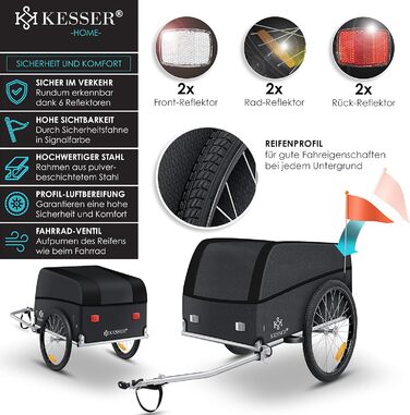 Причіп для велосипеда KESSER® вантажний з високою тягою, 120 л, чорний, з дахом та функцією складання