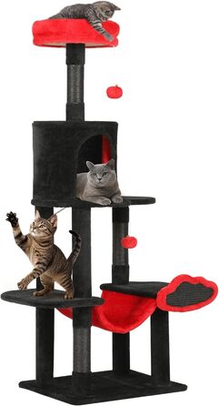 Котячий комплекс YITAHOME XXL, 142 см, з 8 стовпчиків сизалю, 3 платформи, 2 печери, гамак, іграшки, чорно-червоний