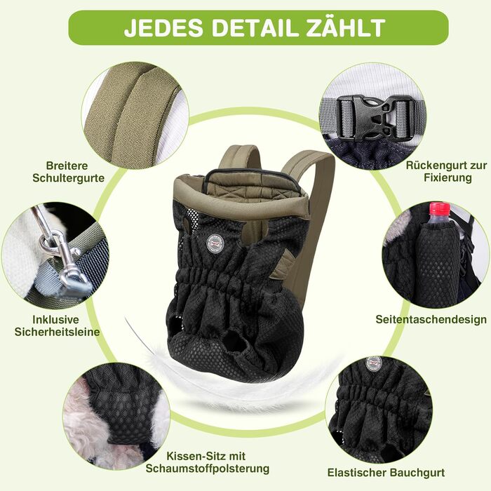 Hunderucksack ALLSOPETS для маленьких собак - Легкий, дихаючий, зручний, з поводком, для подорожей, прогулянок, активного відпочинку (Оливковий, M)