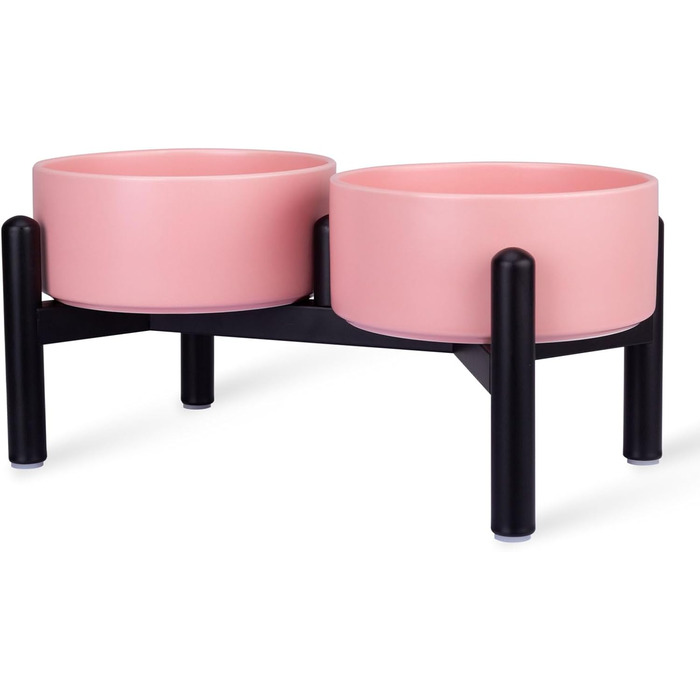 Підвищена годівниця для собак, набір - 2 годівниці з кераміки на металевому стійці, 850 мл, рожевий, для маленьких та великих собак