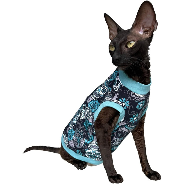 Футболка Kotomoda Sphynx з принтом черепа (синій, XS) для безшерстих котів