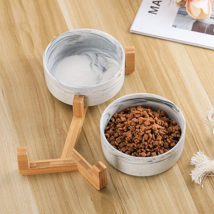 Миски для собак SP SEMPRE з кераміки з бамбуковими підставками, набір з двох мисок (13,5 см, білий мармур)