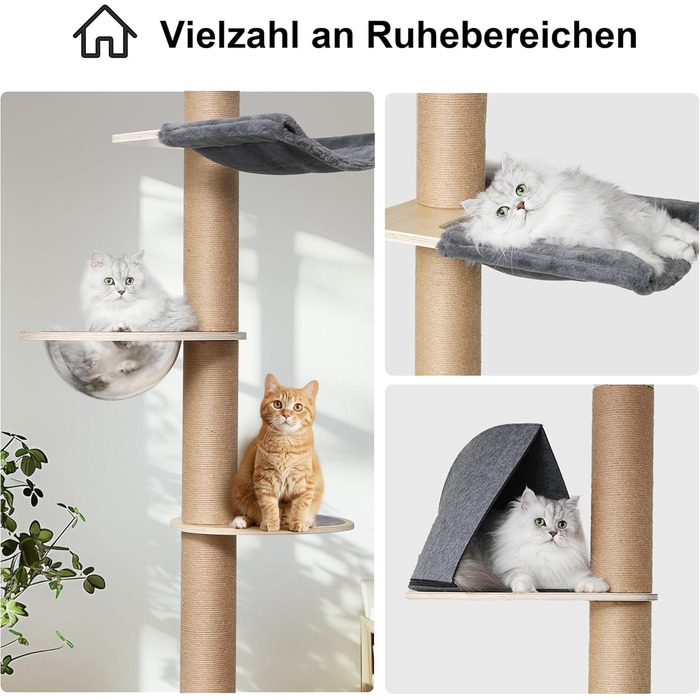 Дерев'яний кігтеточки FUKUMARU з 6 ярусами, сірий (280-300 см), для котів, з гамаком та капсулою