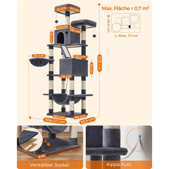 Котячий будиночок Feandrea XXL: багатоповерховий котячий комплекс 206 см, з 13 стовпчиками для шліфування, 2 платформами, 2 печерами, гамаком та іграшками, сірий