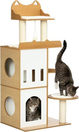 Дерев'яний кігтеточки PawHut 133 см з 2 будиночками для котів, кріплення для лазіння, сучасний дизайн, з корисними аксесуарами, для дому