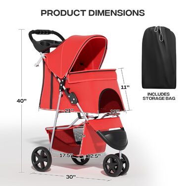 Візок для тварин: для собак та котів, 3 колеса, складний, з кошиком та тримачем для напоїв (червоний)