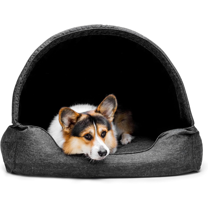 Квіткове ліжко для собак - будиночок-ліжко 2 в 1 - ідеально для маленьких та середніх собак. Зручне ліжко-будиночок з віднімним та пральним чохлом. Стабільний корзинка 82x58 см, темно-сірий, штучний льон.