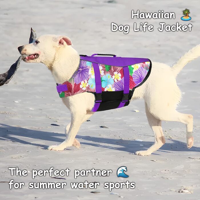 Спасальний жилет для собак Hawaiian Sports Style, жилет для плавання з ручкою, для човнів, для цуценят, великих, середніх та малих собак (Large, квіти + фіолетовий)