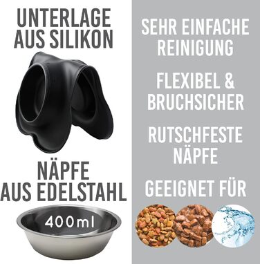 Підставка для миски з силікону KaraLuna з нержавіючою мискою для котів та собак | 400 мл, Чорний | Комплект мисок та підставки