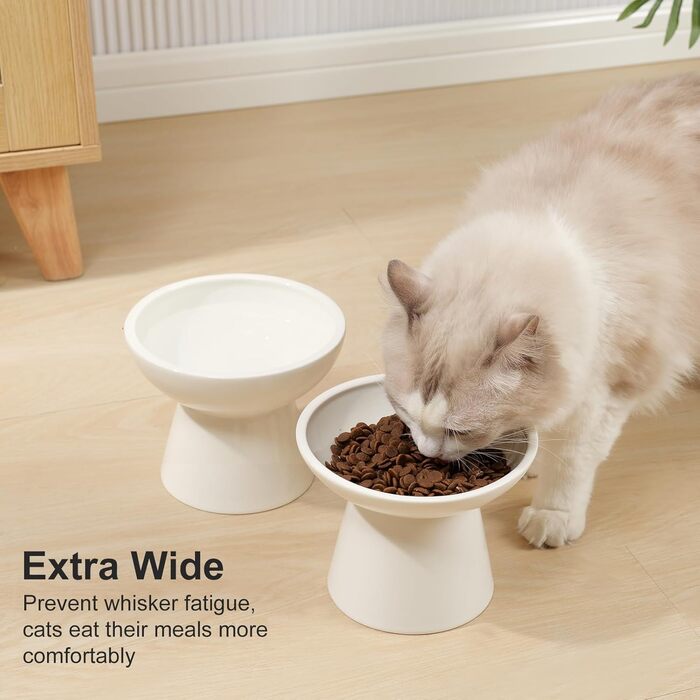 Набір мисок для котів YauYik (2 шт.) – керамічні миски для корму та води, підняті, широкі, білі