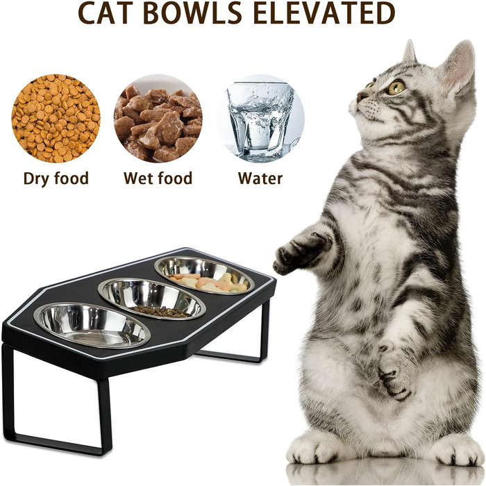 Підвищені миски для котів OPELETNNT, набір 3 шт. з бамбуковим підносом, нержавіюча сталь, антиковзкий стійкий, для дому