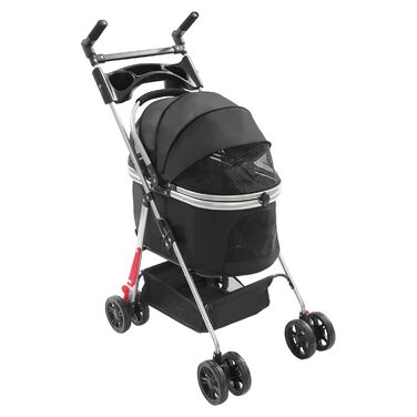 Візок для собак та котів, розкладний, до 12 кг, з кошиком та страхувальним тросом, чорний