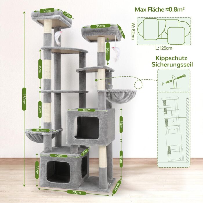 Драбина для котів Globlazer XXL, 189 см, сірий, з великою печерею та платформами