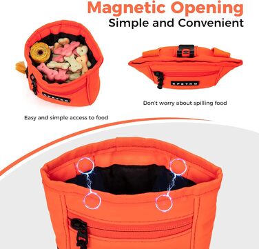 Сумка для ласощів для собак з металевим кліпом на пояс, міцна застібка-магніт, велика місткість, диспенсер для пакетів для вигулу (Помаранчевий)