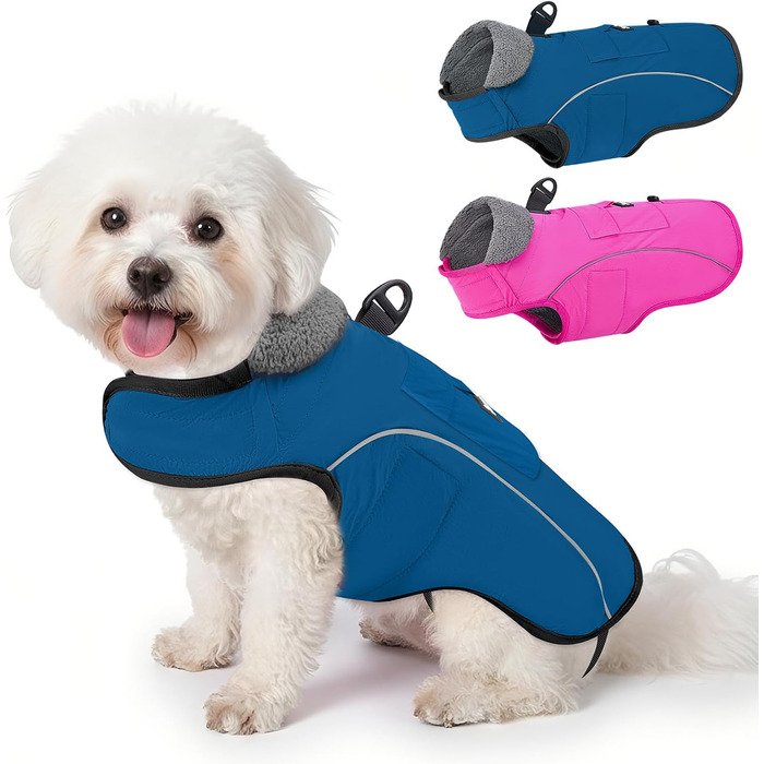Тепла куртка для собак на зиму Nasjac: водонепроникна, з флісовою підкладкою та світловідбиваючими смугами, для середніх та великих собак (Темно-синій, L)