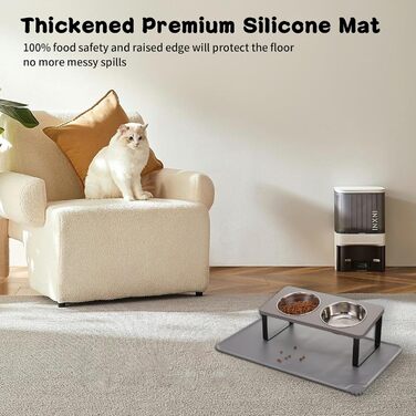 Підвищений годівниця для котів з килимком, нахилений під кутом 15°, годівниця проти блювоти для корму та води, 2 шт. з нержавіючої сталі для котів та цуценят (сірий), 2 миски сірого кольору