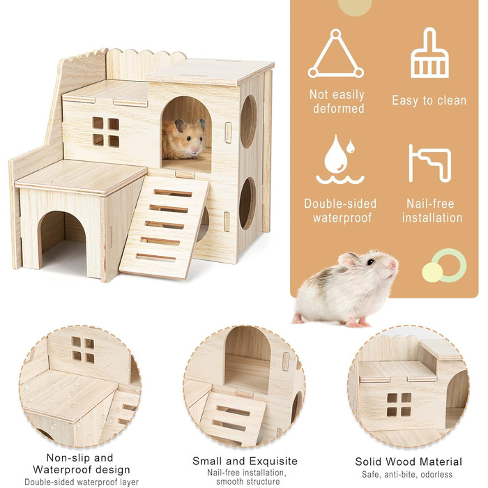 Набір дерев'яних іграшок для хом'яків, 6 шт. - будиночок, іграшки для гри та ховання, підходить для шиншилл, морських свинок, мишей, кроликів