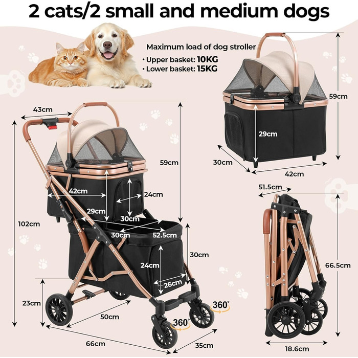 MAMIZO Подвійний візок для собак, переноска для тварин до 15 кг, складаний двоярусний візок для собак, котячий візок на 2 яруси з 4 зносостійкими колесами PU, чорний