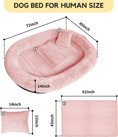 Велике ліжко для собак та людей FURRYFECTION, 180x114x35.6 см, рожеве, з ковдрою та подушкою