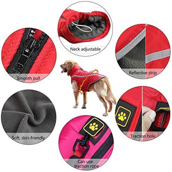 Водонепроникний зимовий дощовик для собак Idepet, тепла куртка, вітрозахисний одяг для собак, куртка для собак з отвором для шлейки, червоний XL-6XL, 3XL червоний