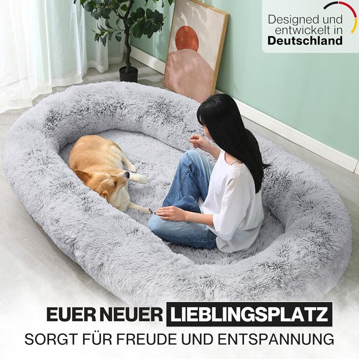 Ліжко для собак Noviclass® XXL 190 см | Ортопедичний матрац з Memory Foam | Зігріваюча ковдра та подушка | Сірий колір | Для великих собак