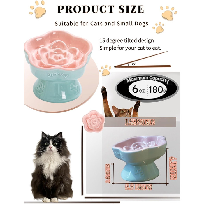 Миска для повільного годування домашніх тварин, керамічна, нахилена, для котів та маленьких собак, рожева
