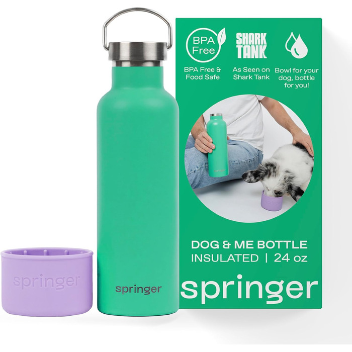 Водяна пляшка для собак Springer Dog and Me 680.4 г з нержавіючої сталі з ізоляцією - зберігає холод до 12 годин. З інтегрованою мискою для води. Кольори: фіолетовий та зелений.